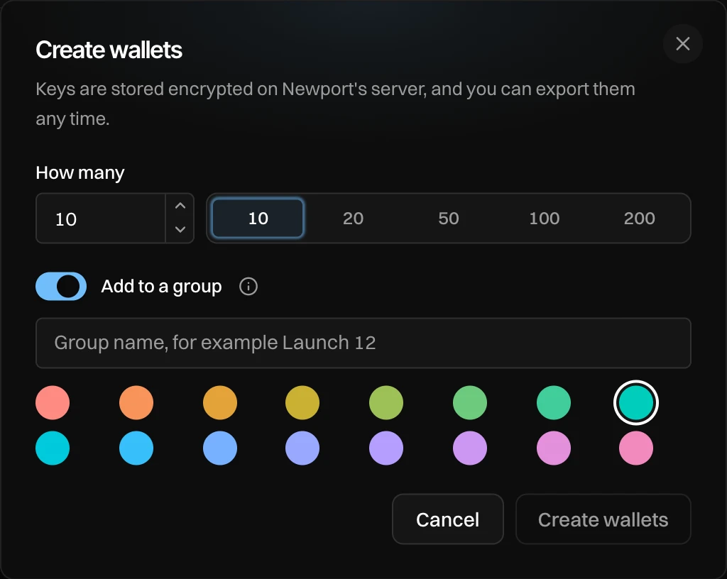 Create wallets: How many 10, Add to a group switched on, a group name field and a row of colours, Cancel and Create wallets