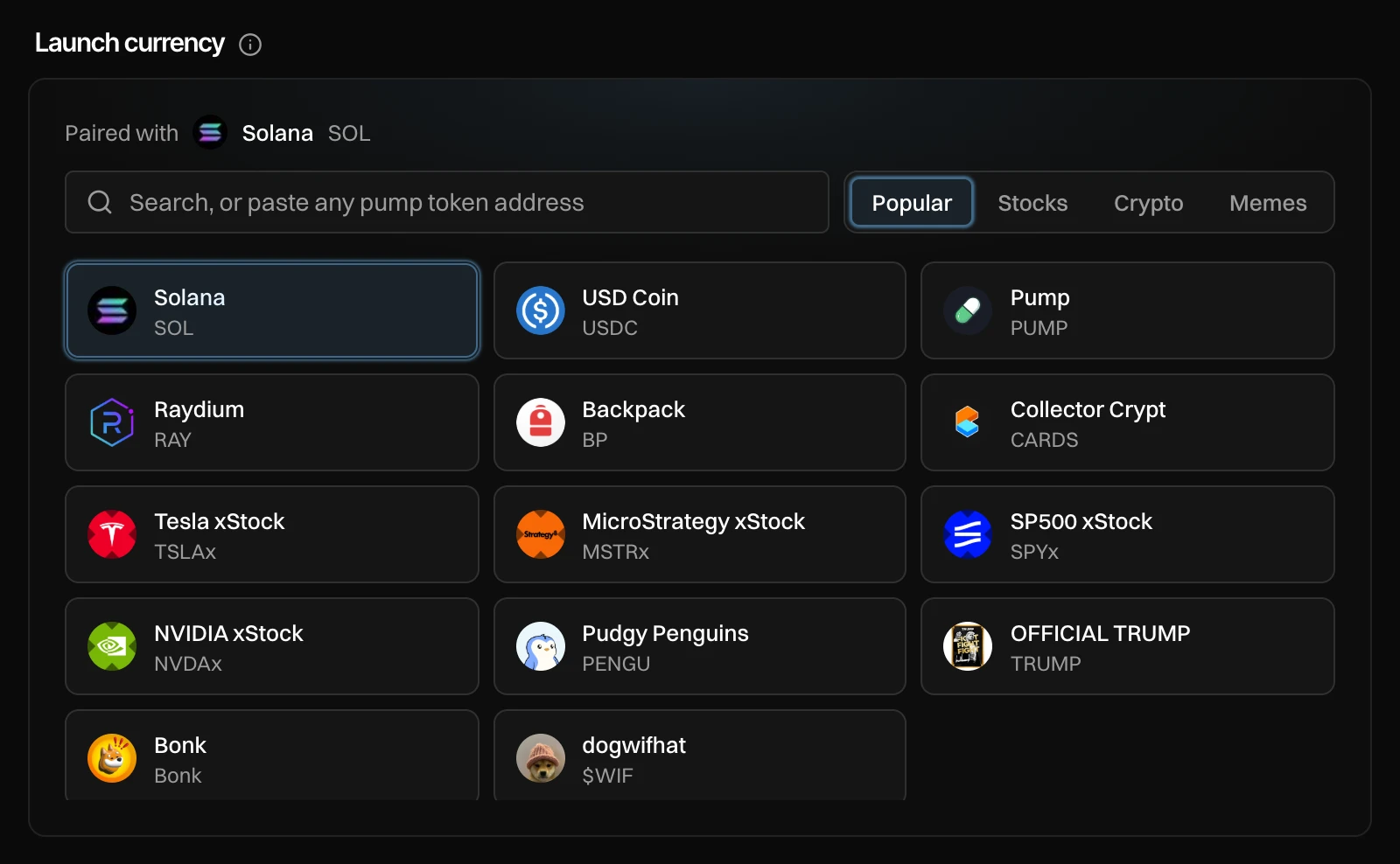 Launch currency: paired with Solana SOL, a search field, tabs Popular, Stocks, Crypto and Memes, and a grid of currencies