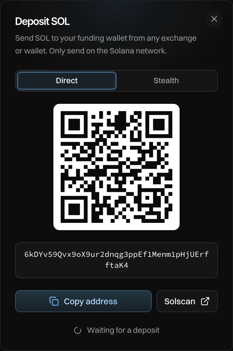 The Deposit SOL window with Direct picked: a QR code, the funding wallet's address, Copy address, Solscan and Waiting for a deposit