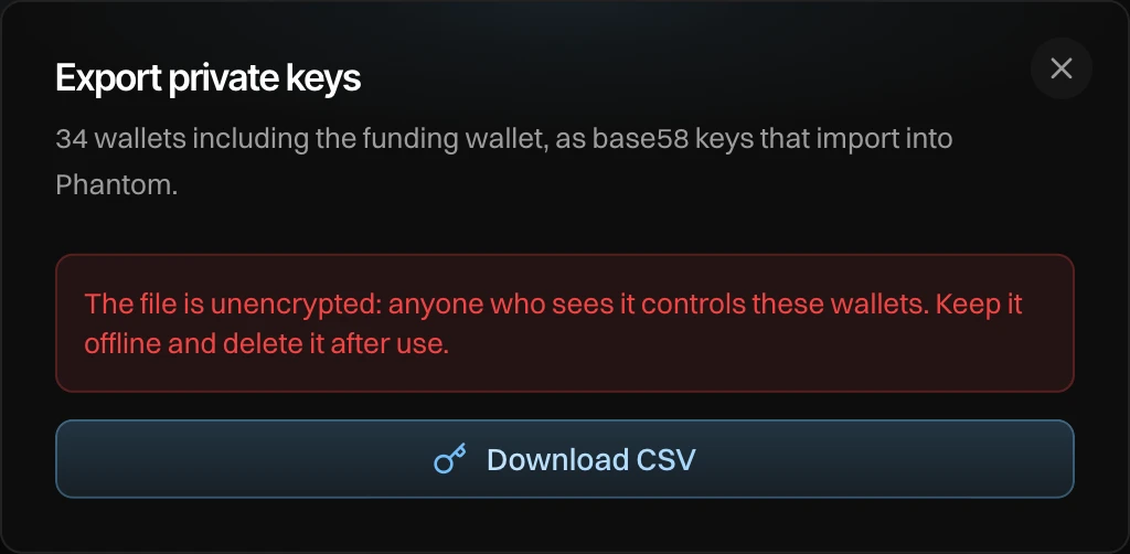 Export private keys: 34 wallets including the funding wallet, a red warning that the file is unencrypted, and Download CSV