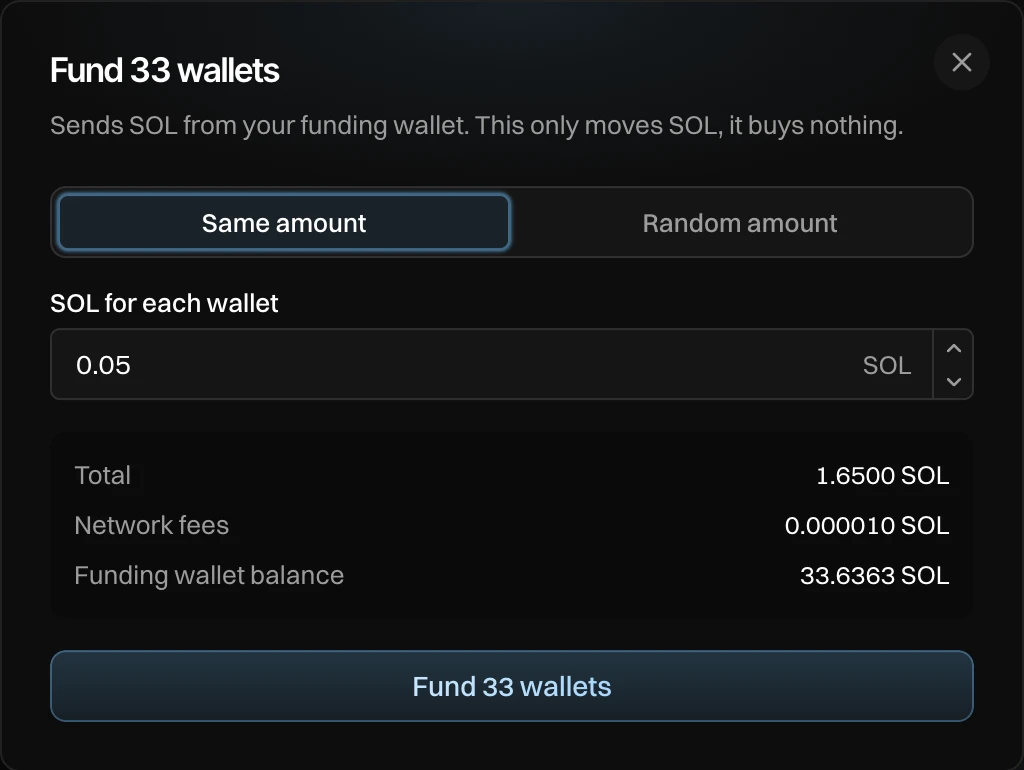 Fund 33 wallets: Same amount picked, 0.05 SOL for each wallet, the total, network fees and the funding wallet balance, and Fund 33 wallets
