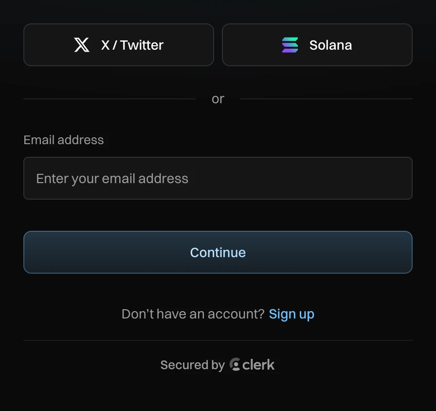 Welcome back: sign in with X, with a Solana wallet, or with your email address