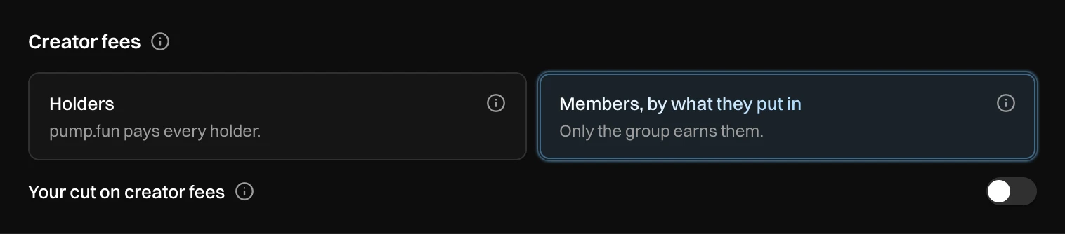 Creator fees: Holders, and Members, by what they put in, picked, with Your cut on creator fees off