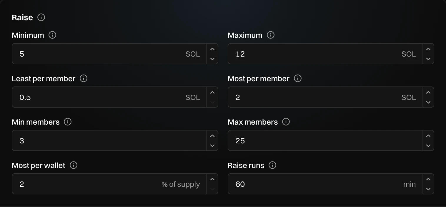 Raise: Minimum 5 SOL, Maximum 12 SOL, Least per member 0.5 SOL, Most per member 2 SOL, Min members 3, Max members 25, Most per wallet 2% of supply, Raise runs 60 min