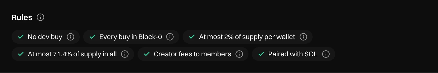 Rules: No dev buy, Every buy in Block-0, At most 2% of supply per wallet, At most 71.4% of supply in all, Creator fees to members, Paired with SOL
