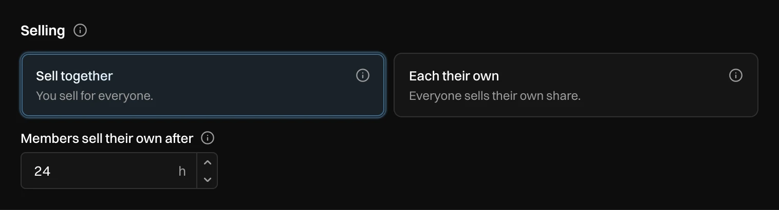 Selling: Sell together picked, Each their own, and Members sell their own after 24 h