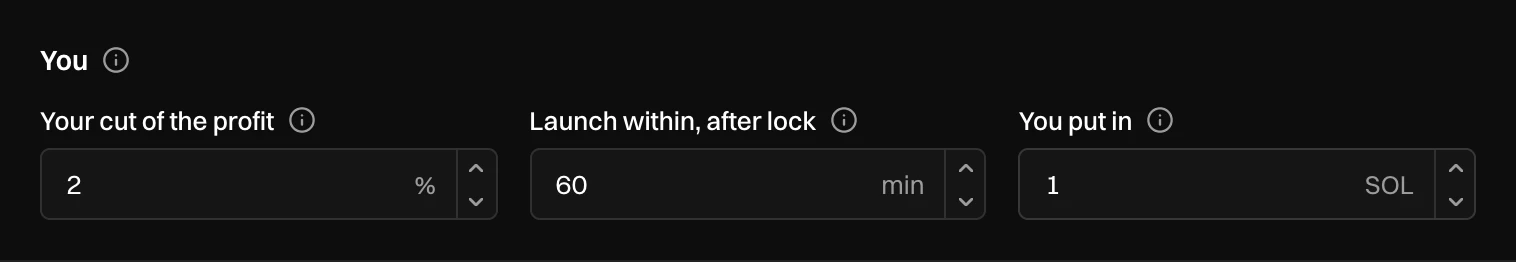 You: Your cut of the profit 2%, Launch within, after lock 60 min, You put in 1 SOL