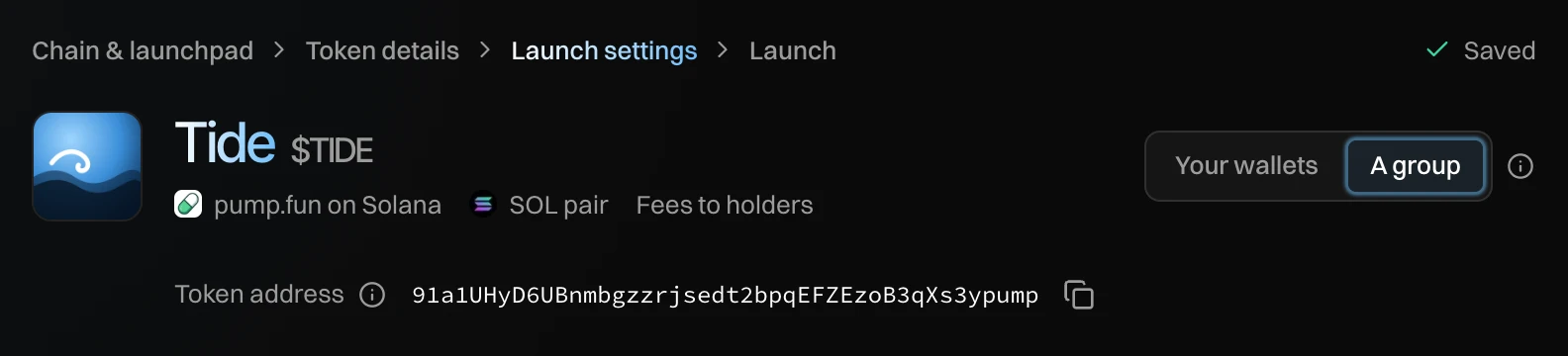 The top of Launch settings for Tide, with How this launch buys set to A group
