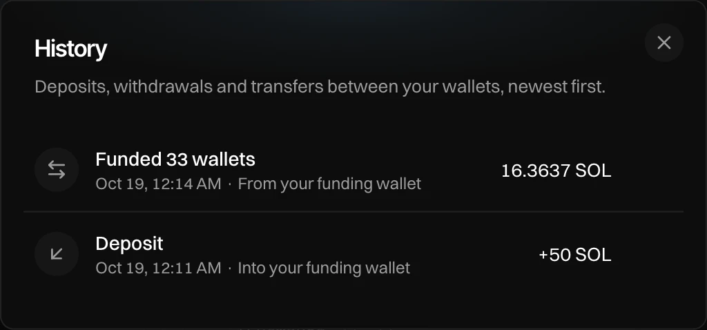 History with two rows: Funded 33 wallets from your funding wallet, and a deposit of 50 SOL into your funding wallet
