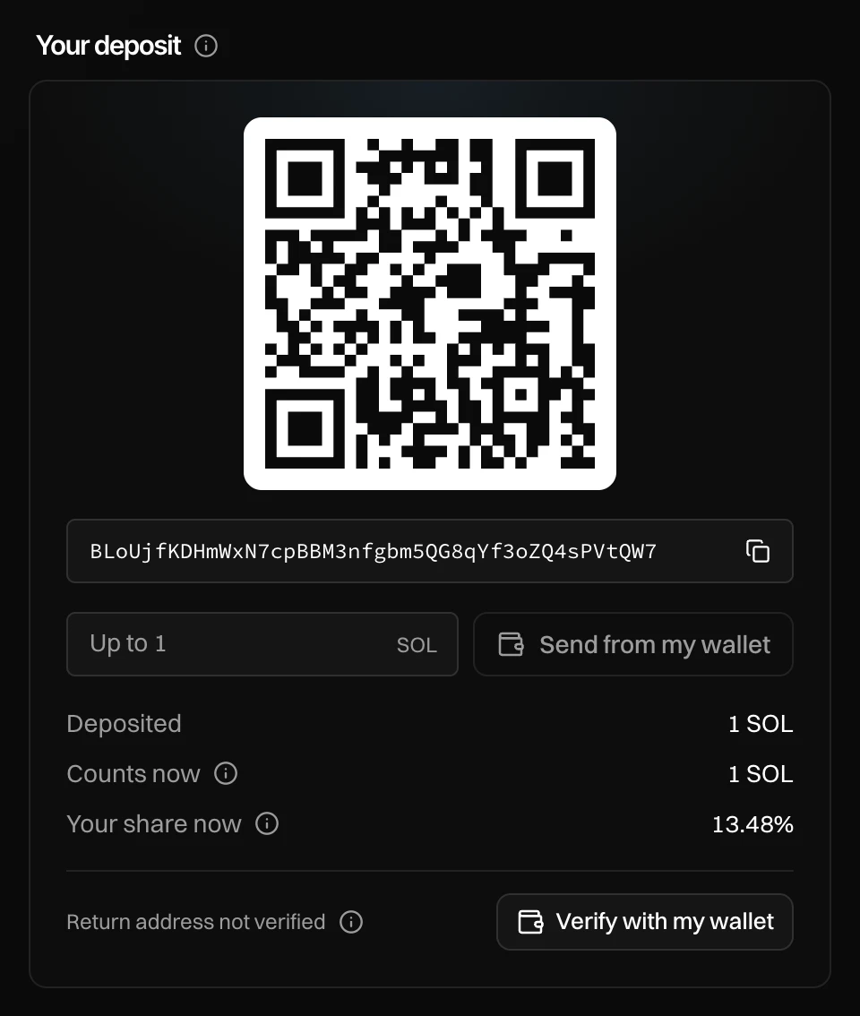 Your deposit with a QR code, the deposit address, Send from my wallet, and Deposited 1 SOL, Counts now 1 SOL, Your share now 13.48%