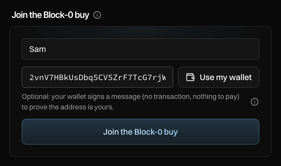 Join the Block-0 buy with a name, a Solana address, Use my wallet and the Join the Block-0 buy button