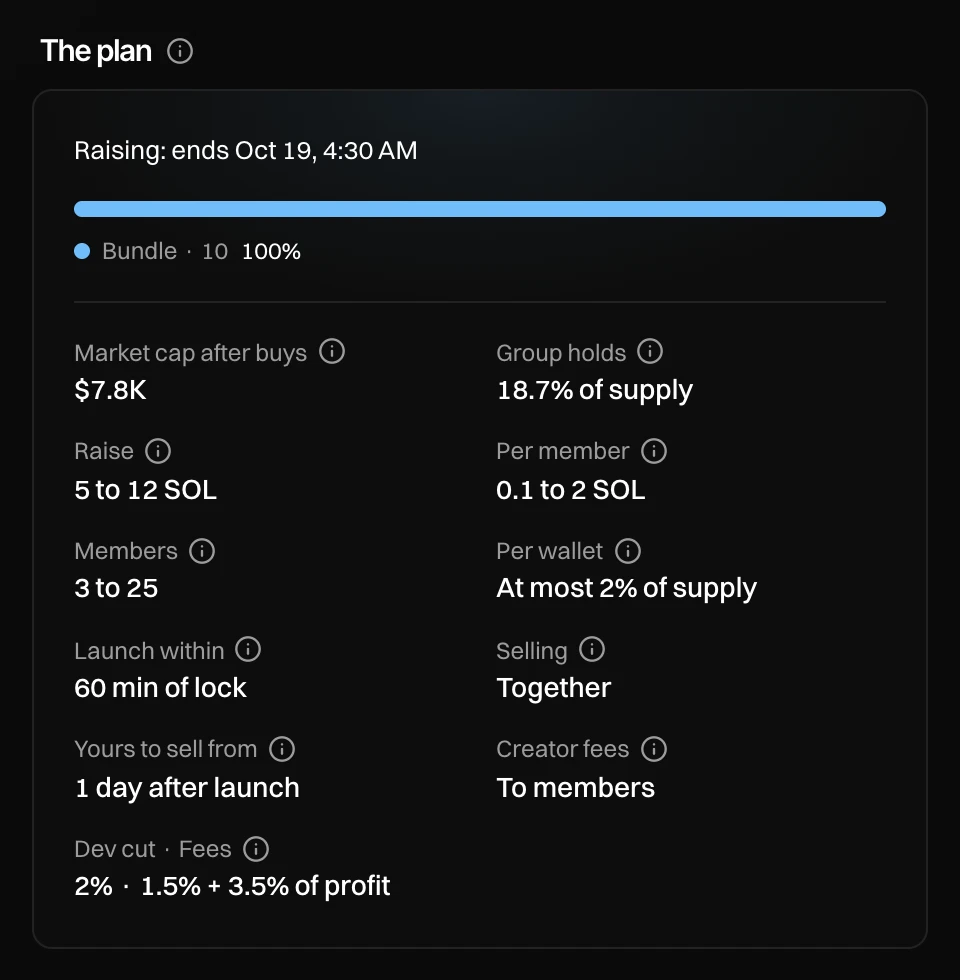 The plan of a group: raising until a set time, a bar for the bundle, and the terms Raise 5 to 12 SOL, Per member 0.1 to 2 SOL, Members 3 to 25 and more