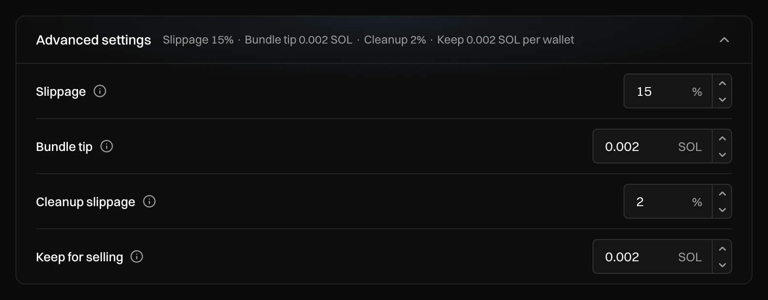 Advanced settings opened: Slippage 15%, Bundle tip 0.002 SOL, Cleanup slippage 2%, Keep for selling 0.002 SOL