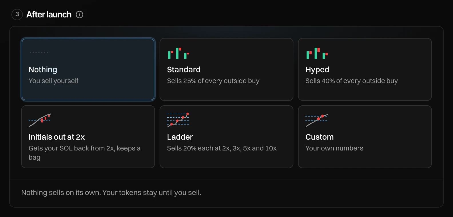 After launch: six cards, Nothing, Standard, Hyped, Initials out at 2x, Ladder and Custom, with Nothing picked