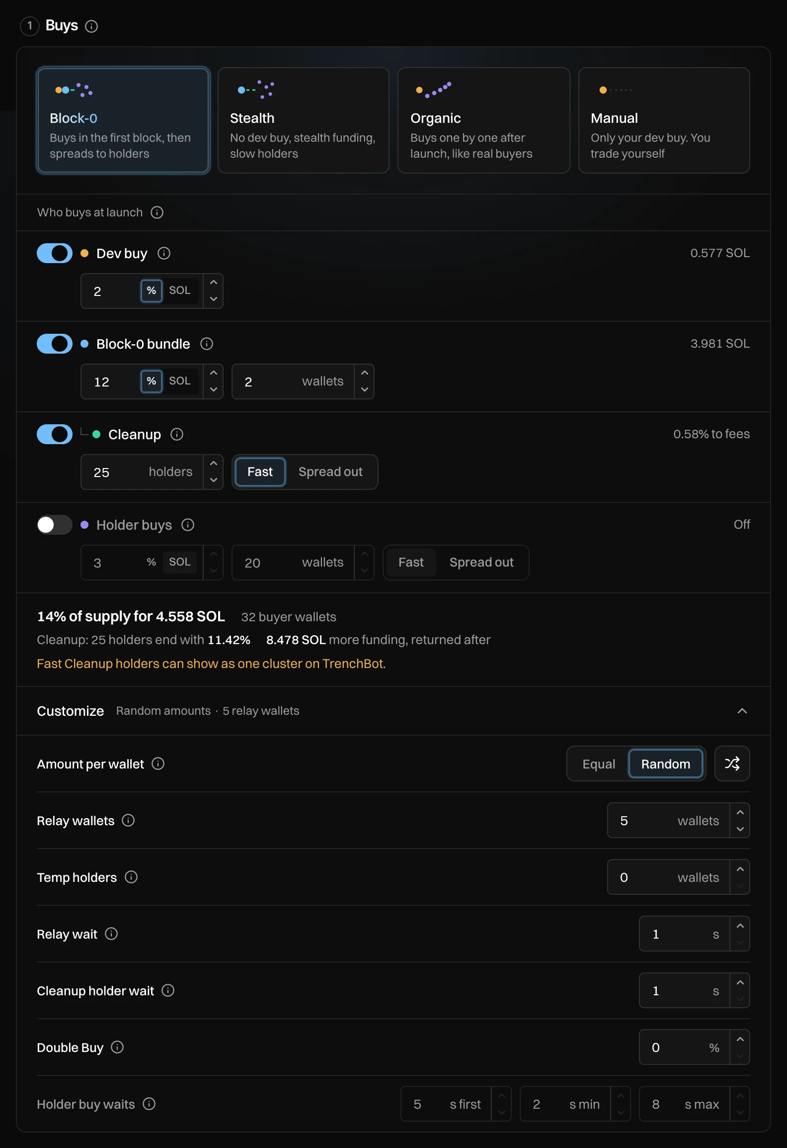 Customize opened under the Block-0 style: Amount per wallet Random, relay wallets 5, temp holders 0, relay wait, Cleanup holder wait, Double Buy and holder buy waits