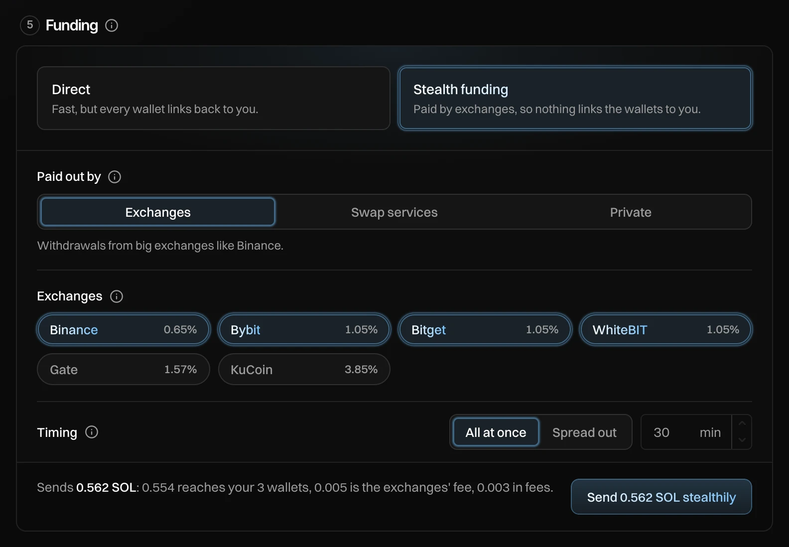 Funding in Launch settings with Stealth funding picked, paid out by Exchanges, the exchanges Binance, Bybit, Bitget and WhiteBIT picked, Timing All at once, and Send stealthily