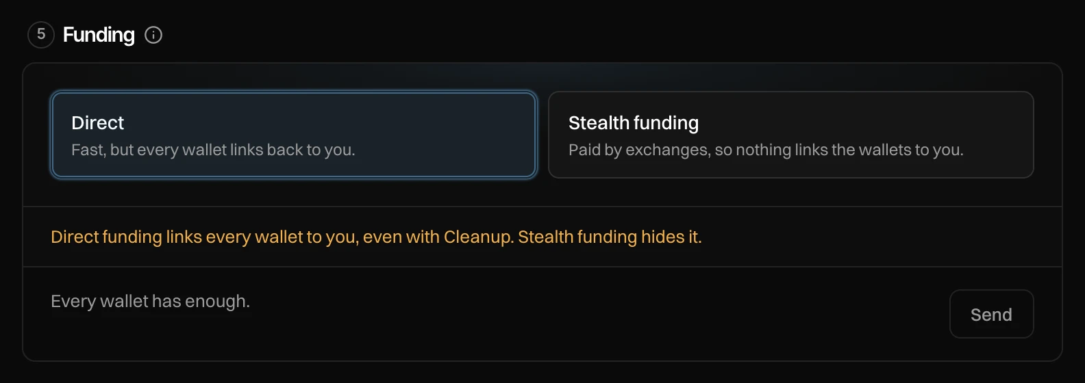 Funding with Direct picked, a note that direct funding links every wallet to you even with Cleanup, and Every wallet has enough
