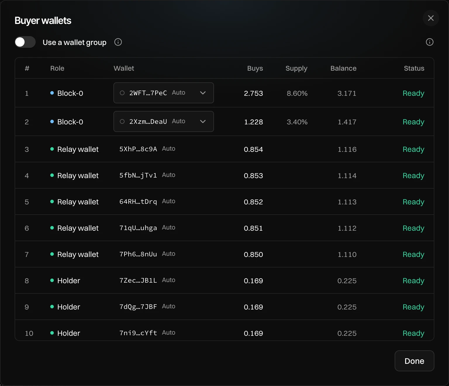 Buyer wallets: Use a wallet group off, and a table of roles, wallets, buys, supply, balance and status, all Ready