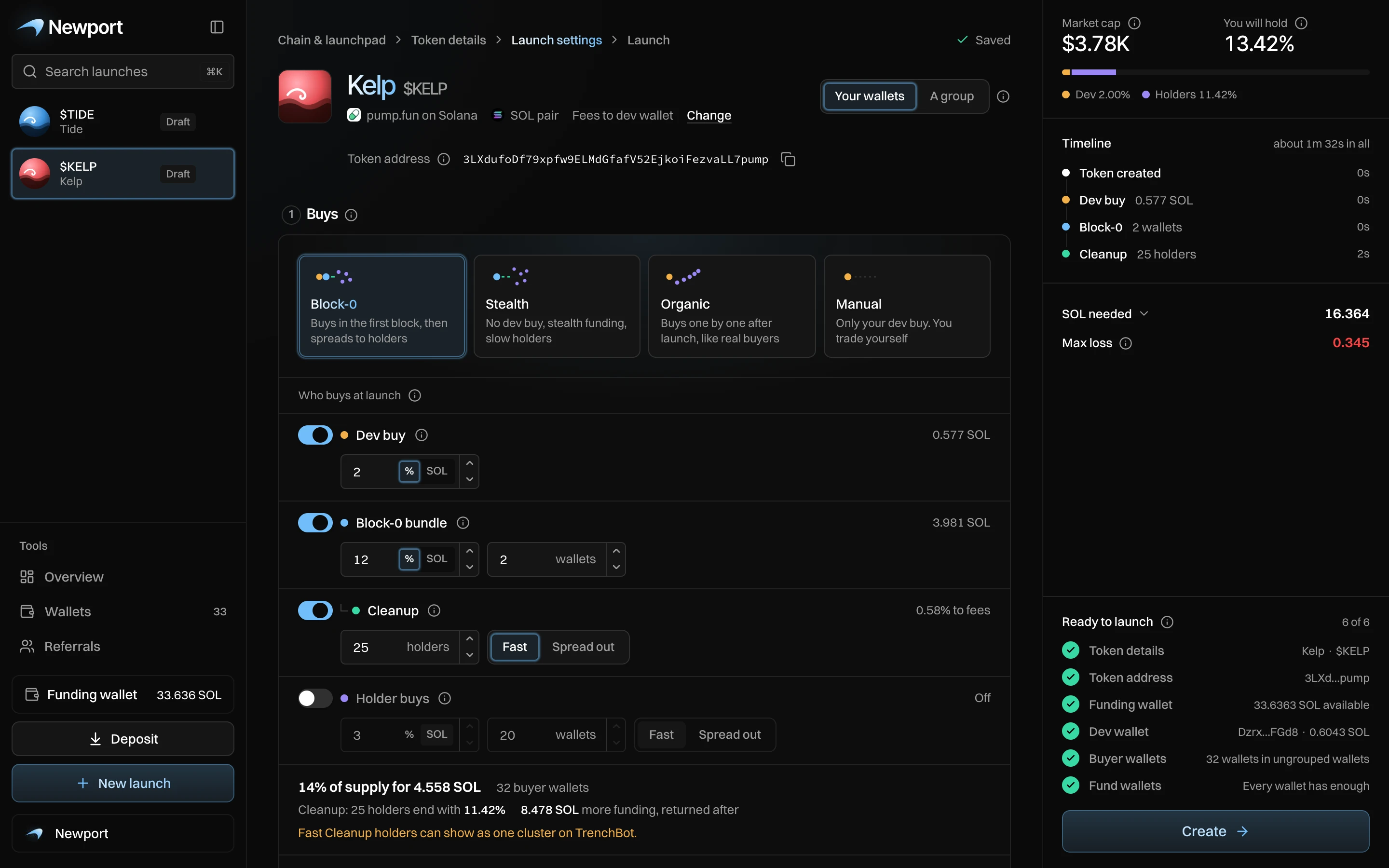 Launch settings with the Block-0 style picked, Cleanup on, and the summary on the right showing 6 of 6 ready