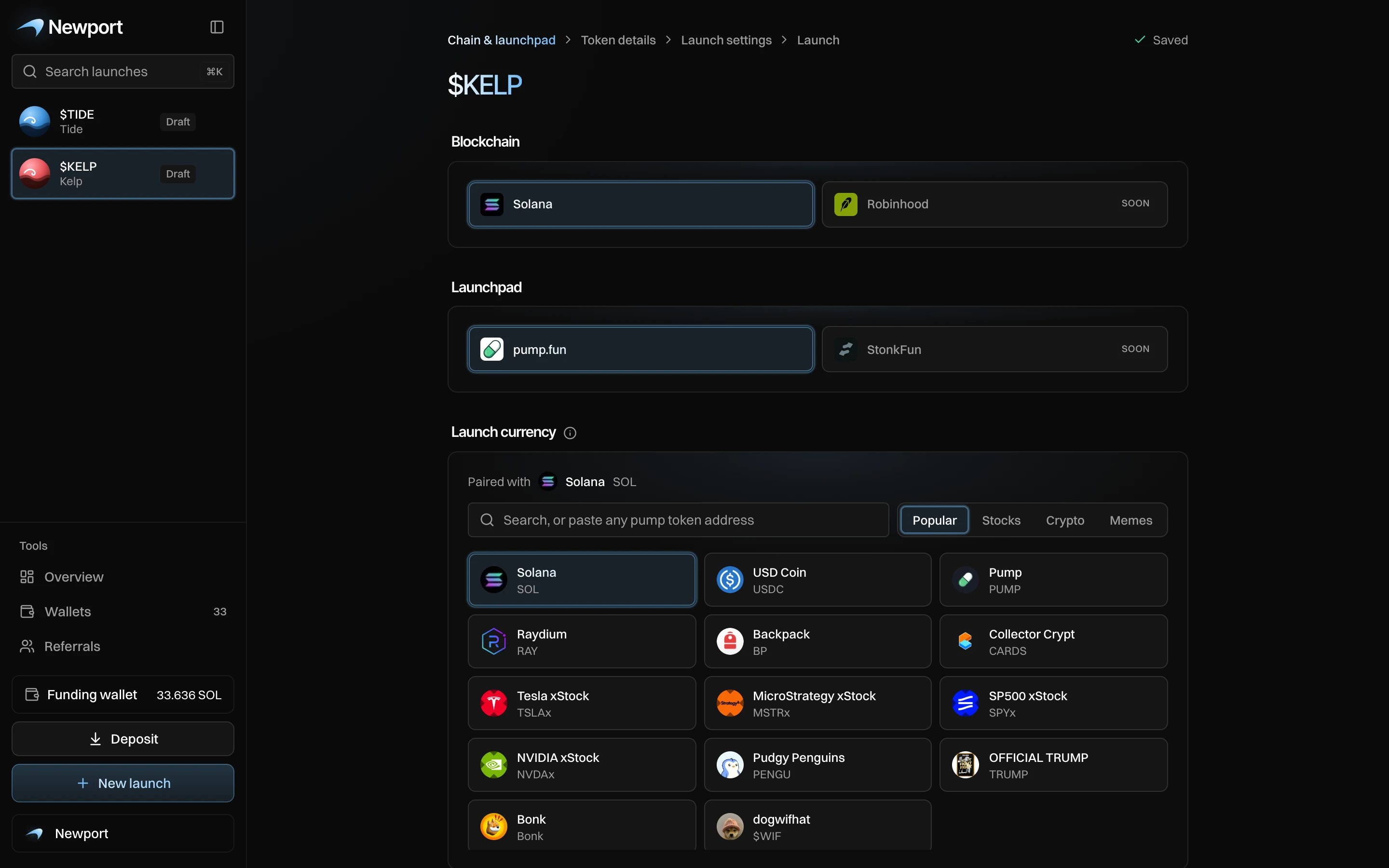 The Chain & launchpad step: Solana, pump.fun, and the launch currency list with Solana picked