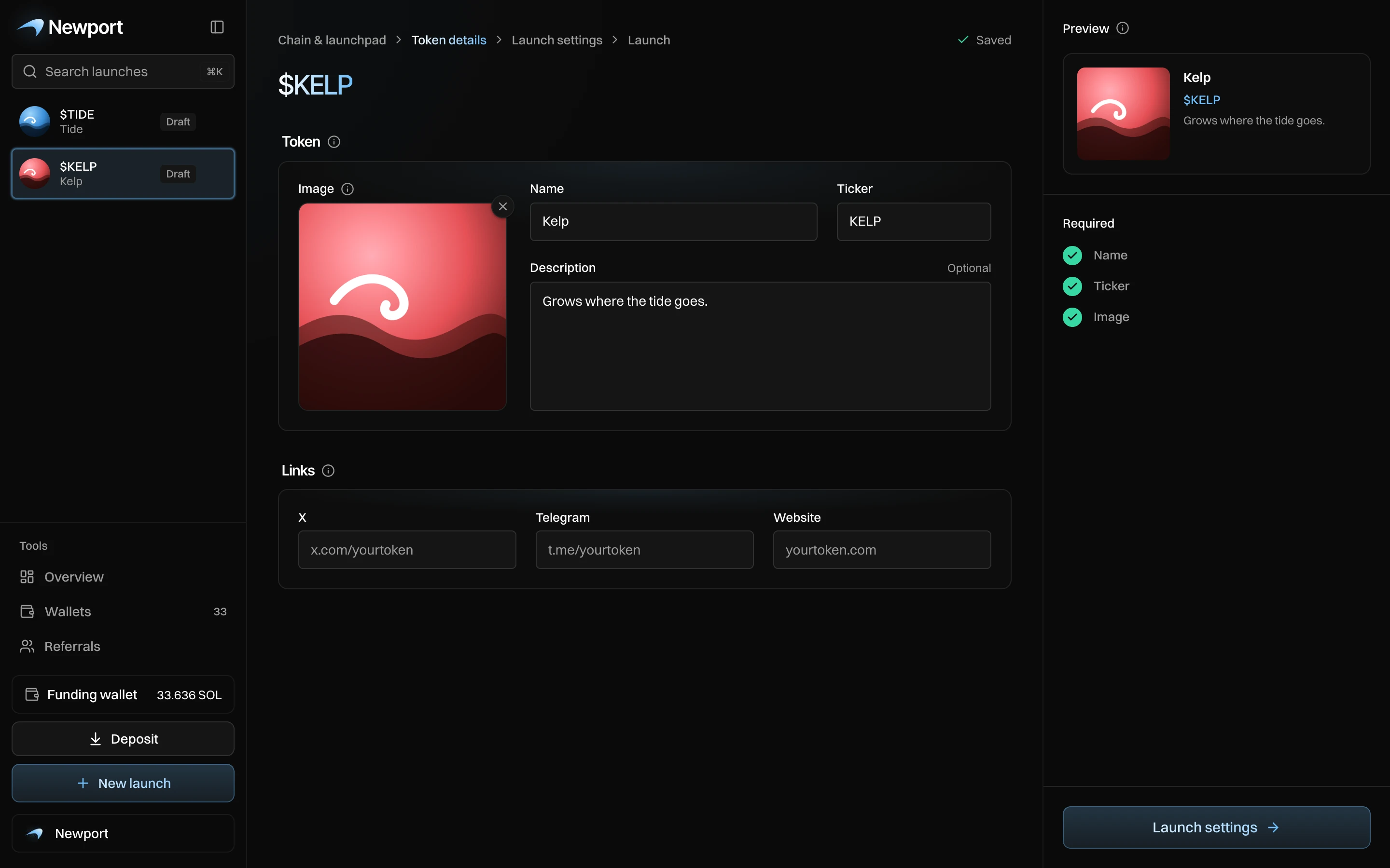The Token details step with the image, name Kelp, ticker KELP, a description, links and a preview