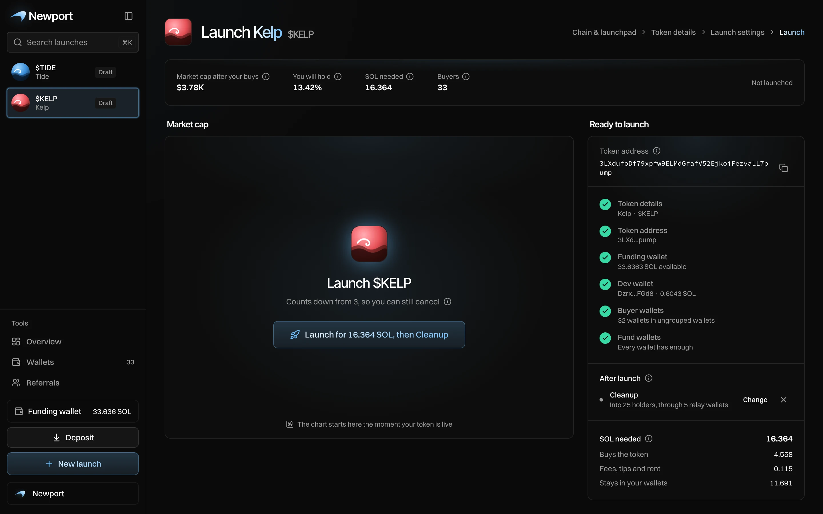 The launch view of Kelp: the plan's numbers at the top, Launch $KELP with the Launch button in the middle, and Ready to launch on the right
