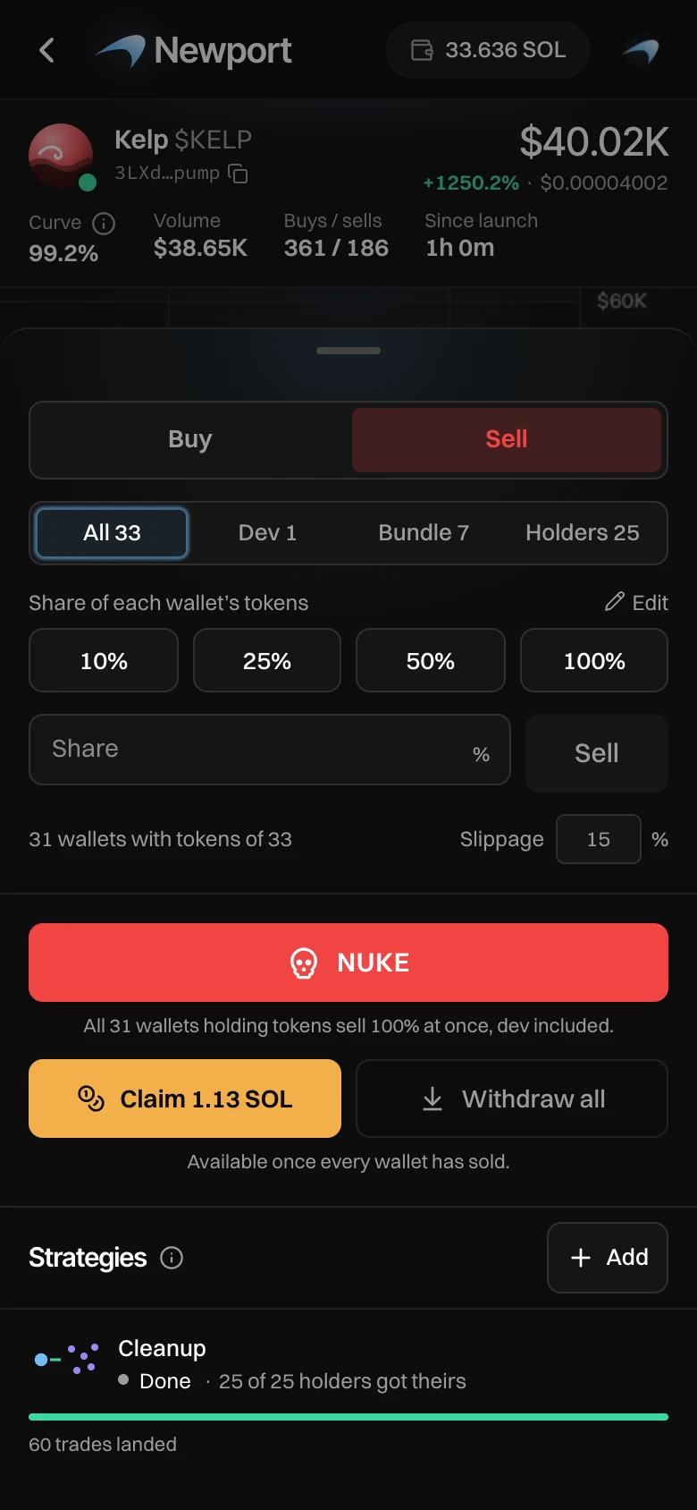 The Trade sheet on a phone: Buy and Sell, All 33, Dev 1, Bundle 7, Holders 25, the presets, a Share field with Sell, Slippage, NUKE, Claim and Withdraw all side by side, and Strategies