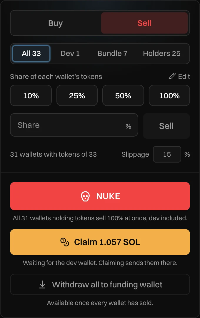 The Trade panel on the live page, with its notes under NUKE, Claim and Withdraw all