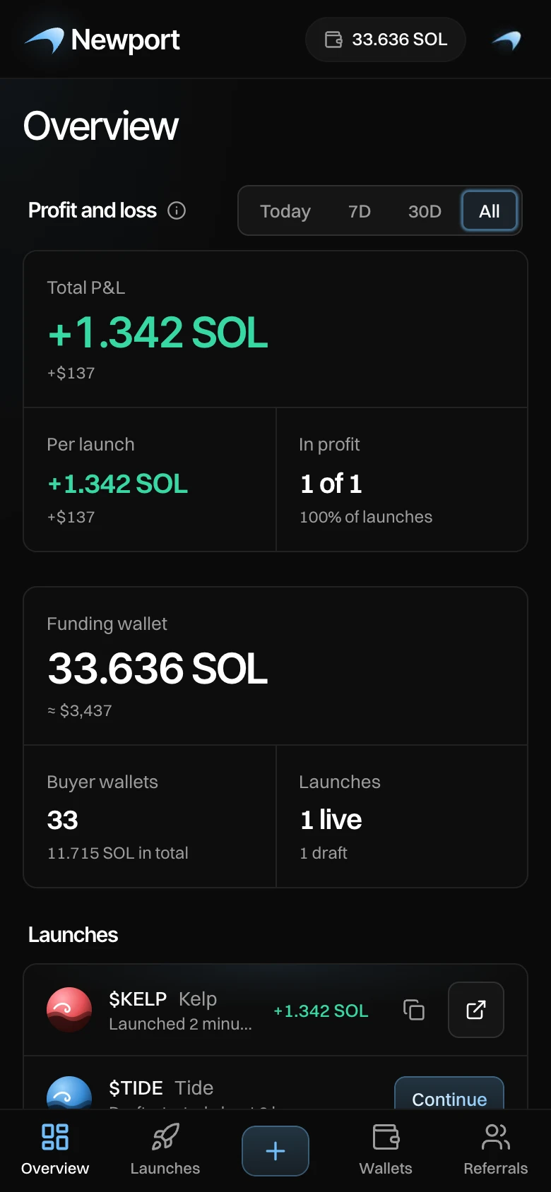 Newport on a phone: the funding wallet balance at the top, Overview, and the bar at the bottom with Overview, Launches, a plus button, Wallets and Referrals