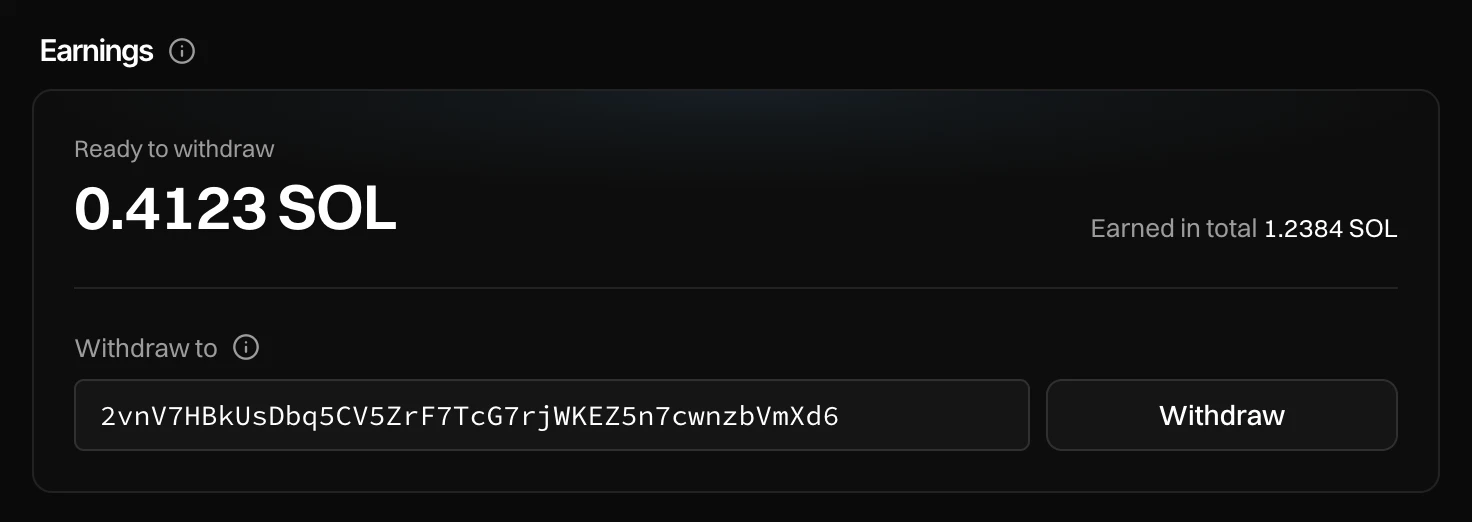 Earnings: Ready to withdraw 0.4123 SOL, Earned in total 1.2384 SOL, Withdraw to with a Solana address, and Withdraw