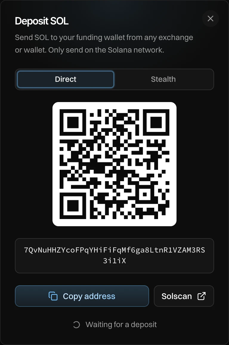 The Deposit SOL window with Direct picked: a QR code, the funding wallet's address, Copy address, Solscan and Waiting for a deposit