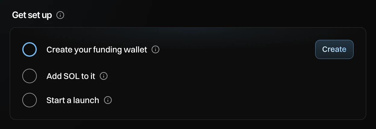 The Get set up list on Overview: Create your funding wallet with a Create button, Add SOL to it, and Start a launch
