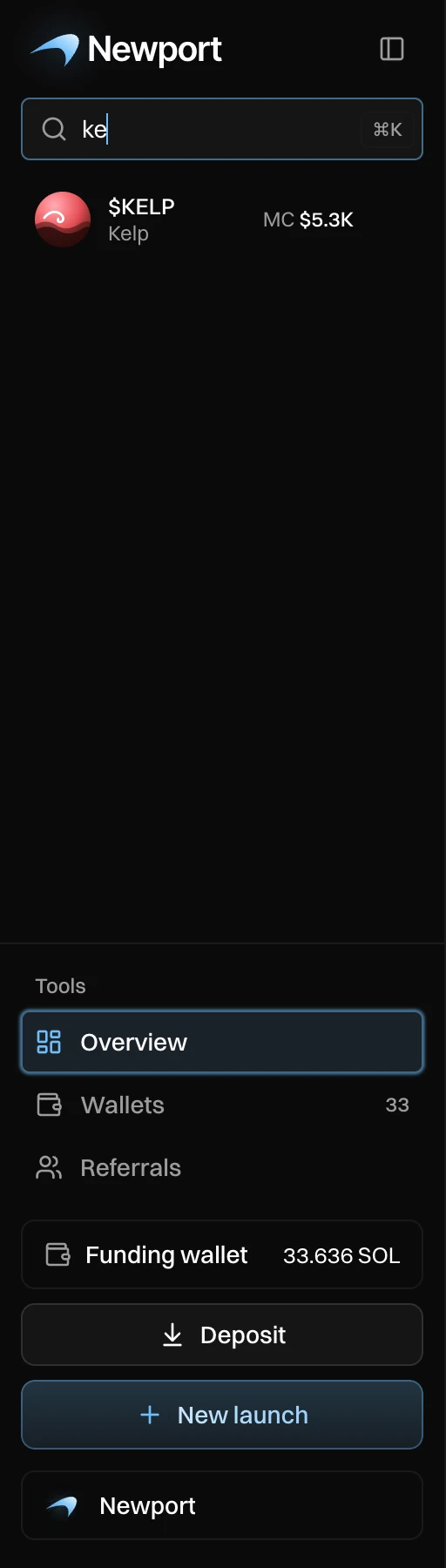 The sidebar with ke typed into Search launches, showing only $KELP, then Tools, the funding wallet, Deposit, New launch and the account