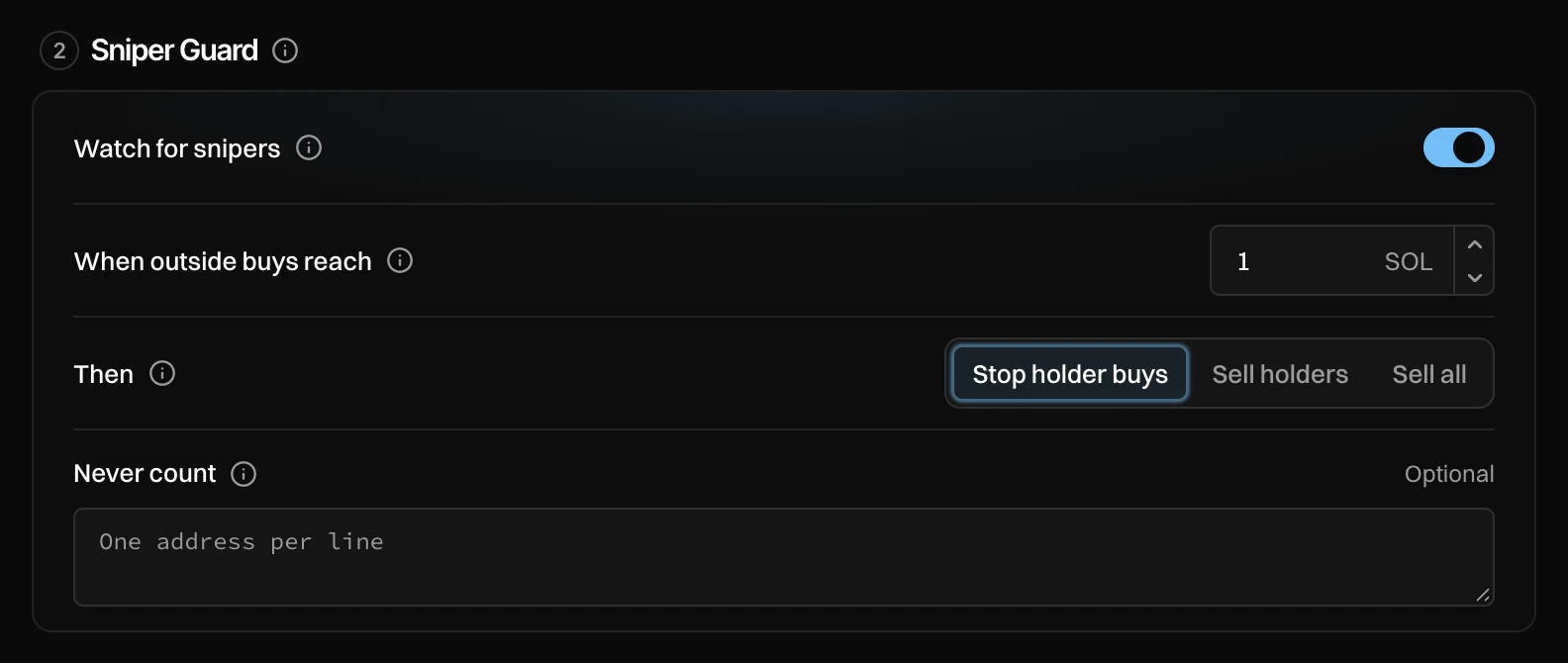 The Sniper Guard section of Launch settings, with Watch for snipers on, 1 SOL, Stop holder buys and an empty Never count field