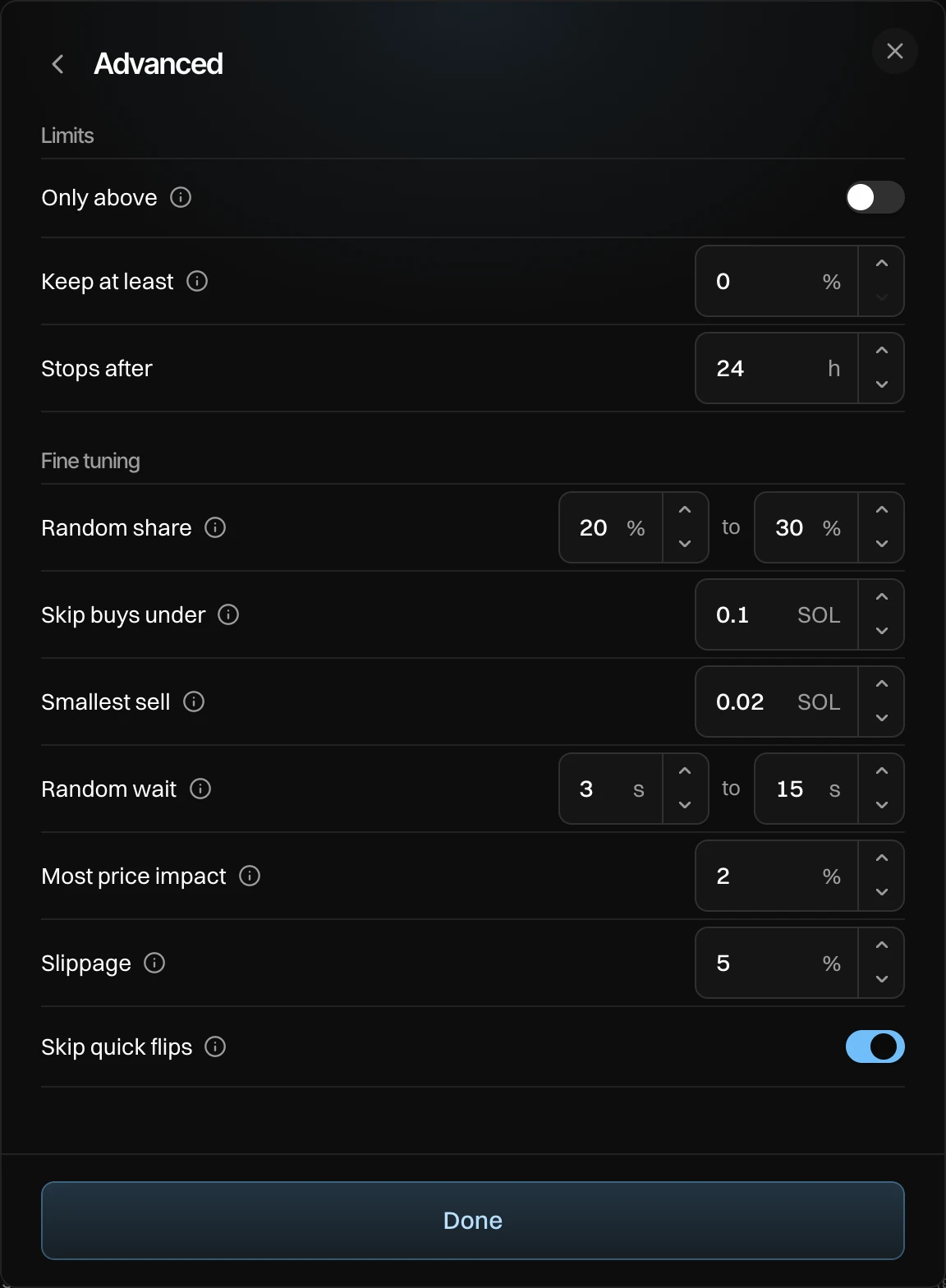 Advanced for Auto Sell Into Buys: Limits with Only above, Keep at least 0%, Stops after 24 h, then Fine tuning with Random share 20 to 30%, Skip buys under 0.1 SOL, Smallest sell 0.02 SOL, Random wait 3 to 15 s, Most price impact 2%, Slippage 5% and Skip quick flips
