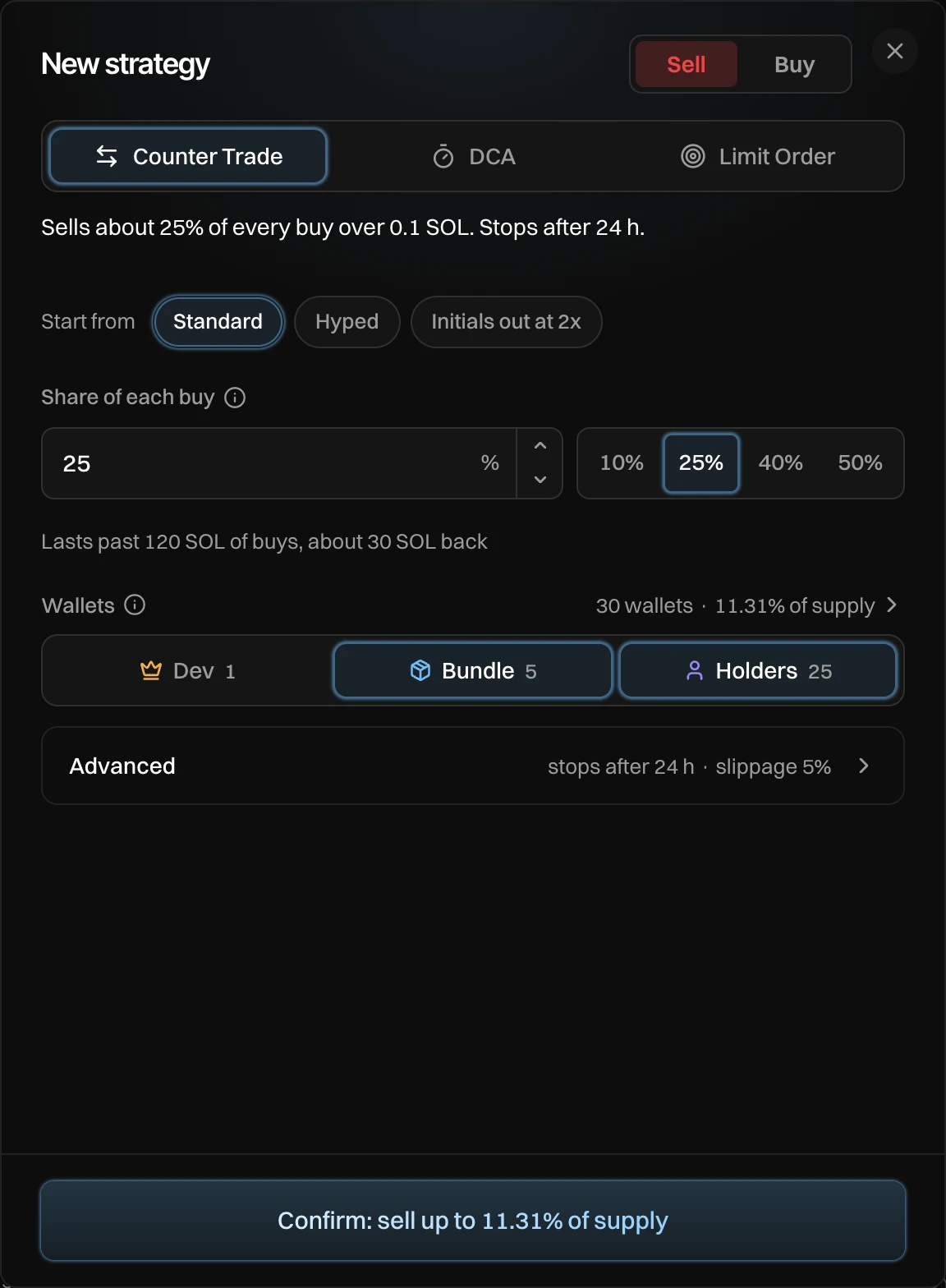 The New strategy window with the button Confirm: sell up to 11.31% of supply