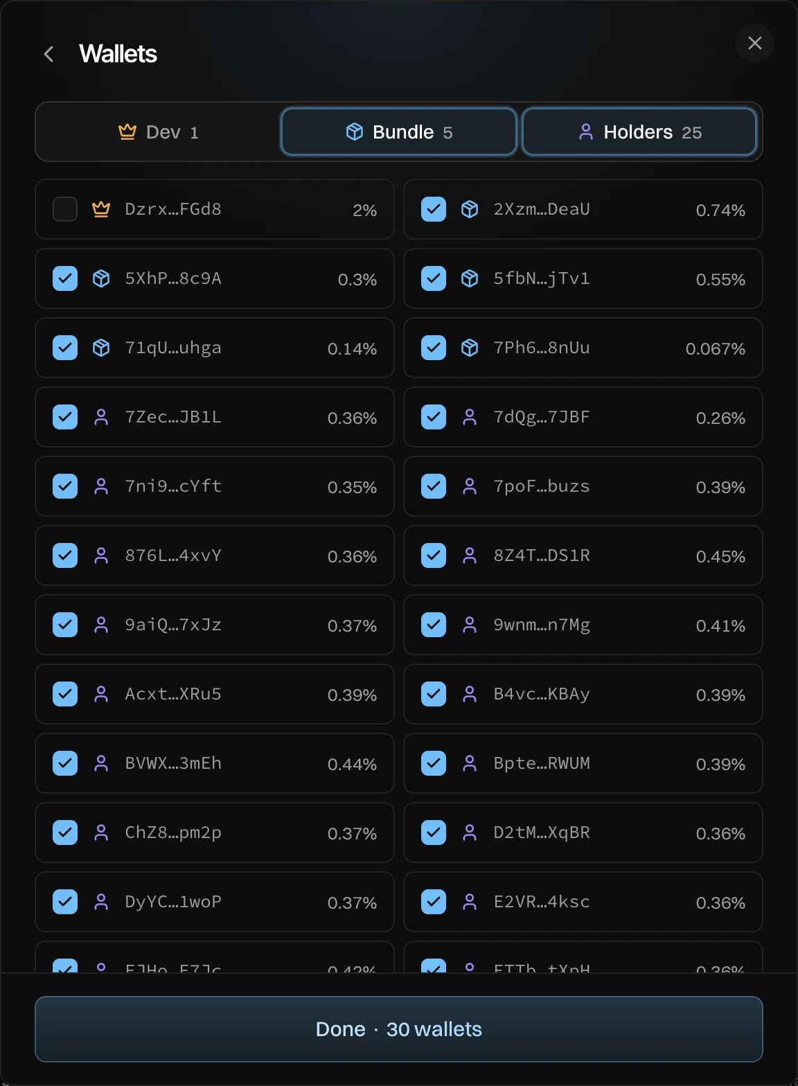 Wallets: Dev 1, Bundle 5 and Holders 25 at the top, then every wallet with a checkbox, its role and its share of supply, and Done · 30 wallets