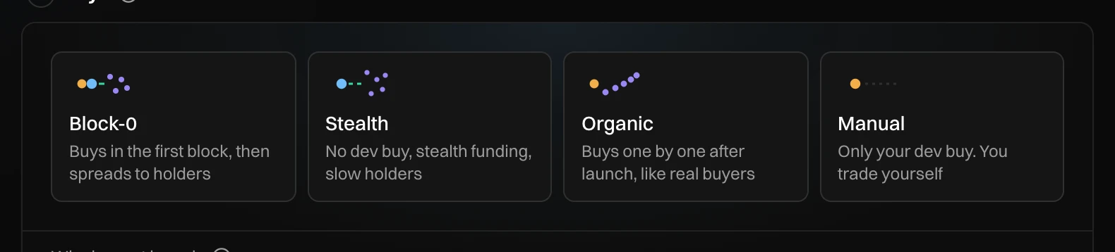 The four style cards: Block-0, Stealth, Organic and Manual, with a line under each
