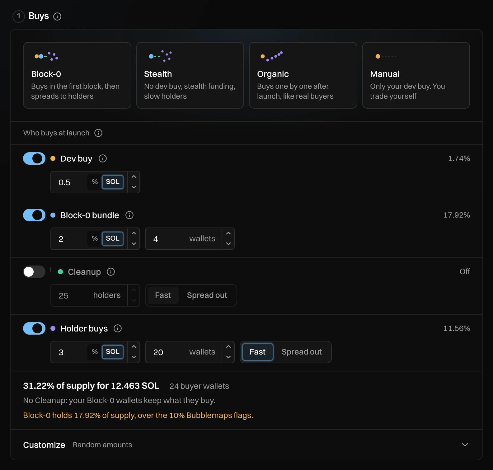 Who buys at launch with Dev buy 0.5 SOL, Block-0 bundle 2 SOL in 4 wallets, Cleanup off, Holder buys 3 SOL in 20 wallets, and the totals line