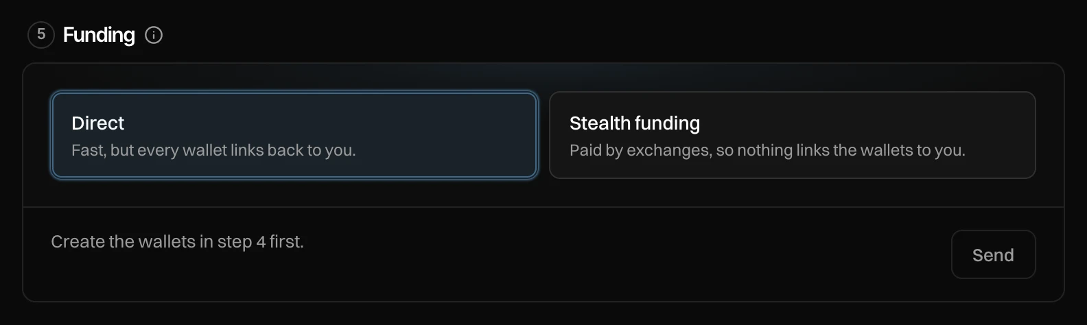 Funding with Direct picked and the line Create the wallets in step 4 first