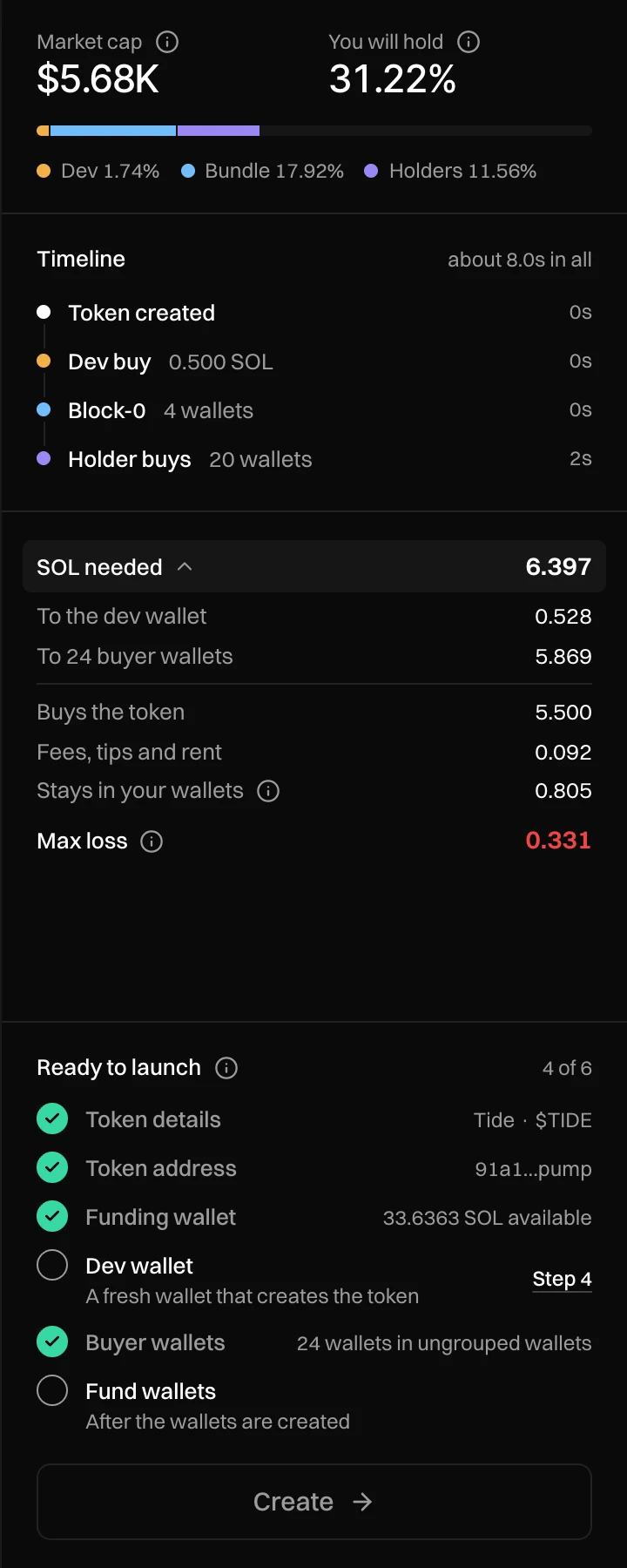 The summary of Tide with SOL needed opened: to the dev wallet, to 24 buyer wallets, buys the token, fees, tips and rent, stays in your wallets