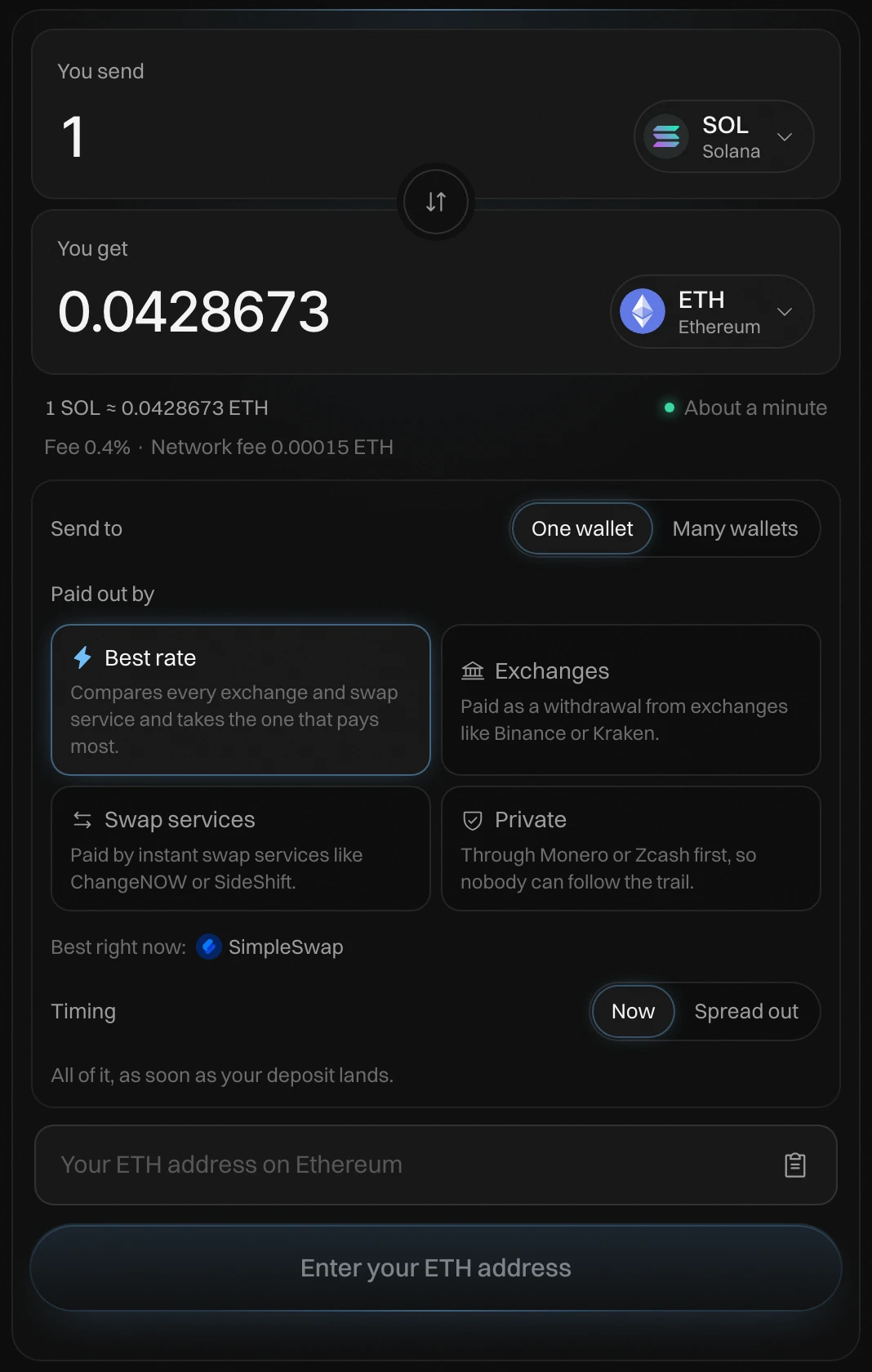 Privacy Swap: You send 1 SOL, You get 0.0428673 ETH, the rate and the time, the fee and network fee, Send to One wallet or Many wallets, Paid out by Best rate, Exchanges, Swap services or Private, Timing Now or Spread out, and the address field