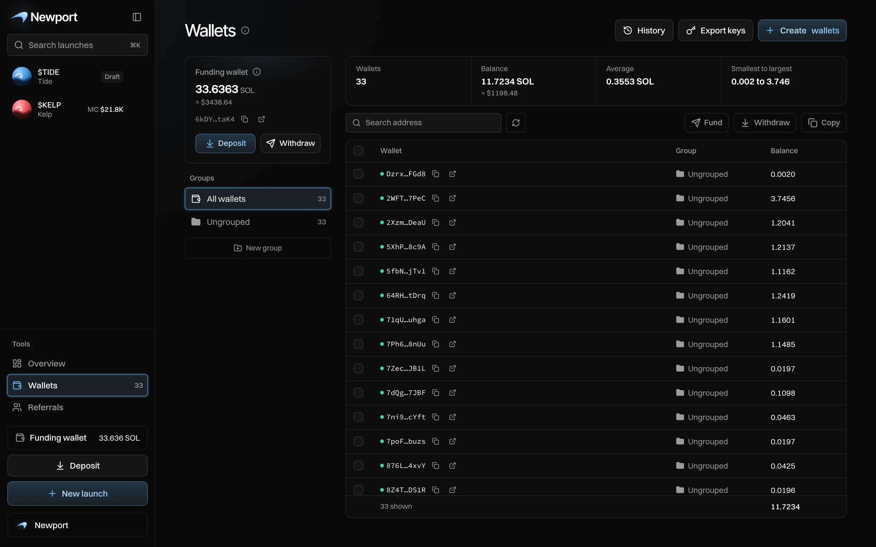 The Wallets page: the funding wallet card with Deposit and Withdraw, groups on the left, and a table of 33 buyer wallets