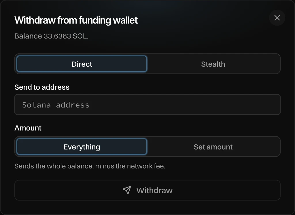 Withdraw from funding wallet with Direct picked: Send to address, Everything or Set amount, and Withdraw