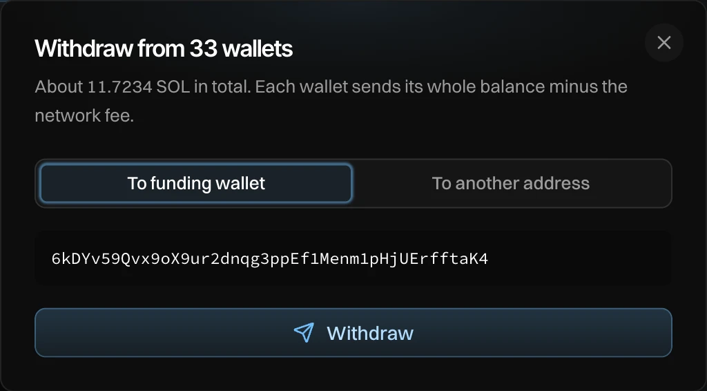 Withdraw from 33 wallets: about 11.72 SOL in total, To funding wallet picked, and Withdraw